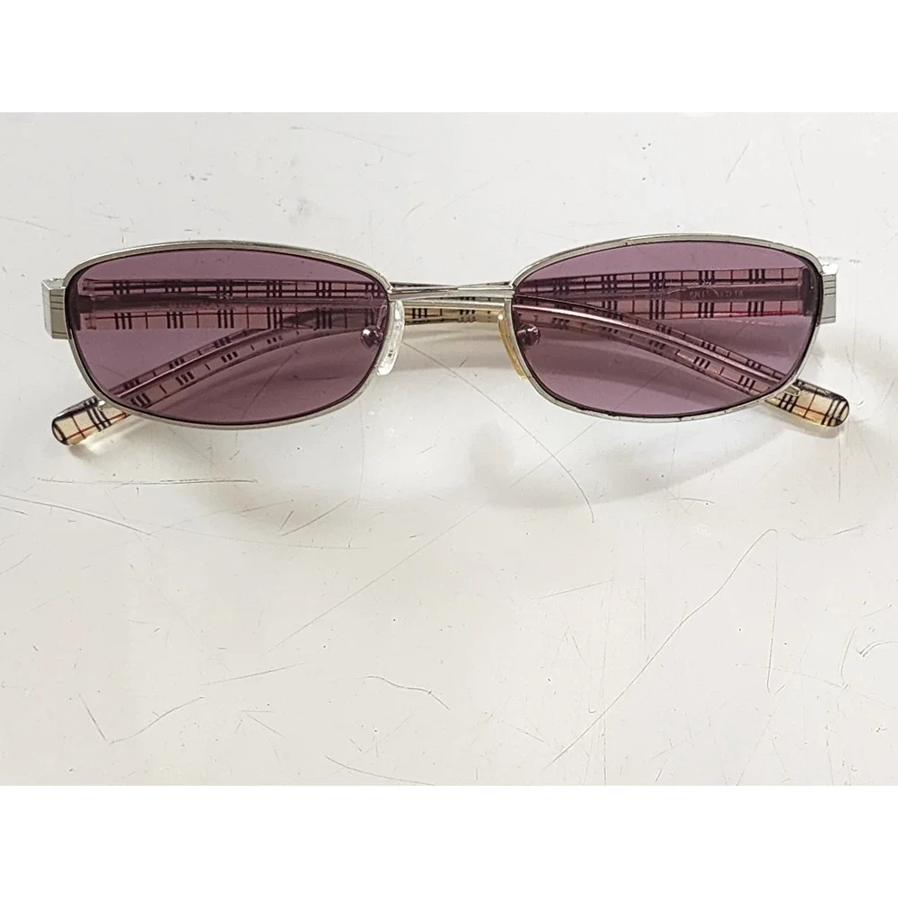 Burberry Vintage Sunglasses B 8968/S Silver Nova Check Plaid Purple Lens Italy